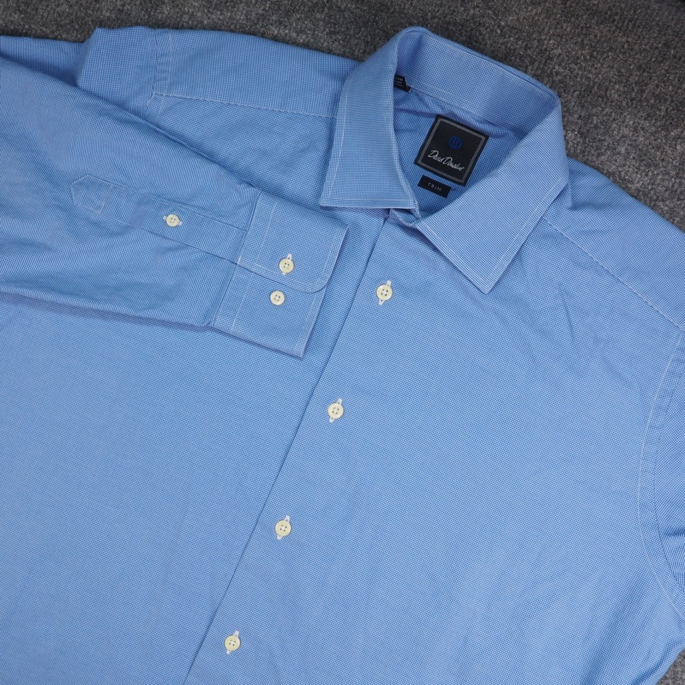 David Donahue Dress Shirt Mens 16.5 32/33 Trim Blue Micro Check Cotton Business